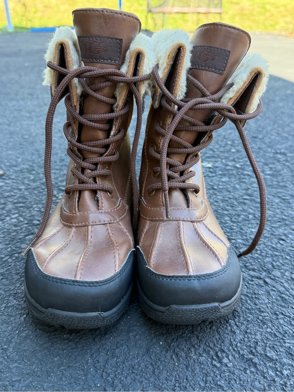 UGG Brown Leather Lace-Up Winter Boots with Shearling Collar